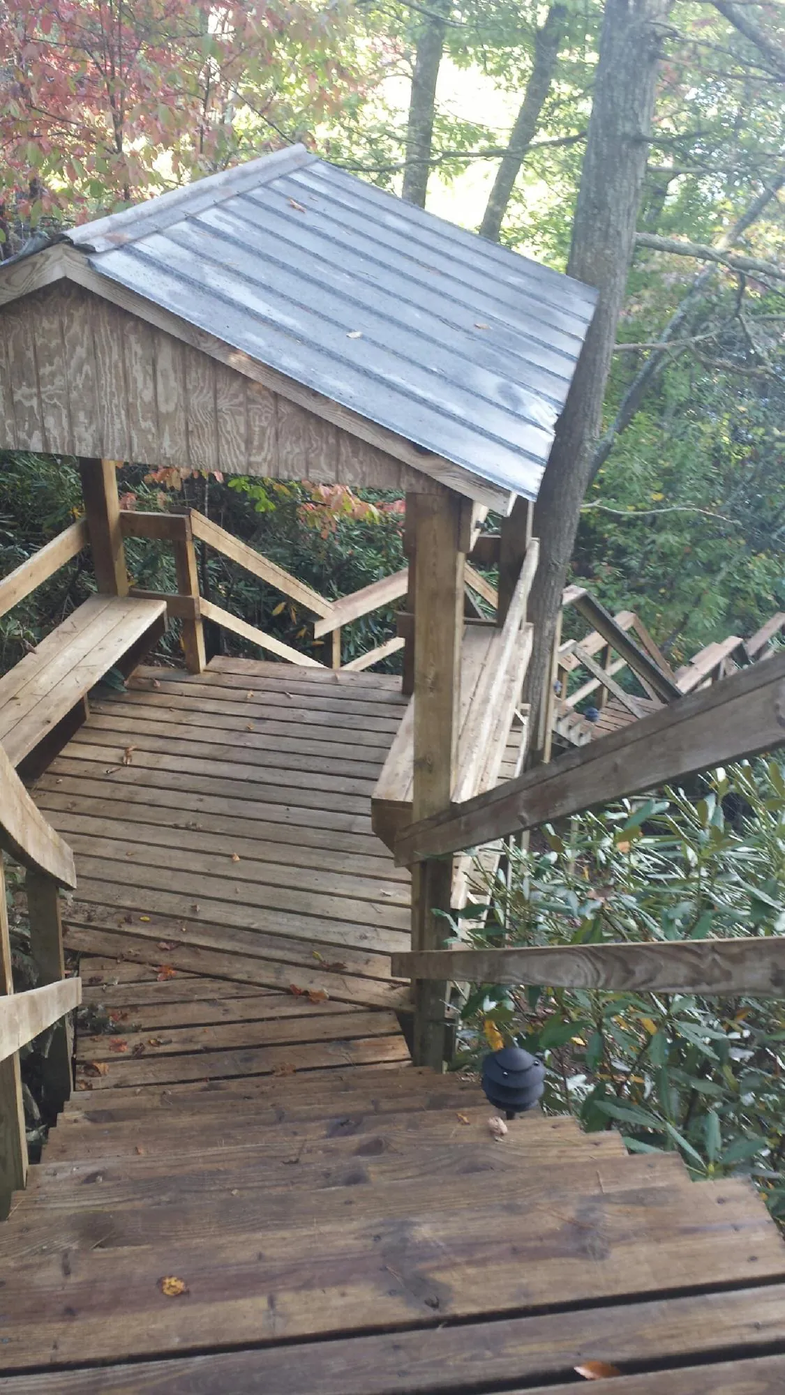 Metal roofed shelter over wooden steps on a wooded walkway — Skylight Repair & Installation work by our crew in Bloomfield Hills